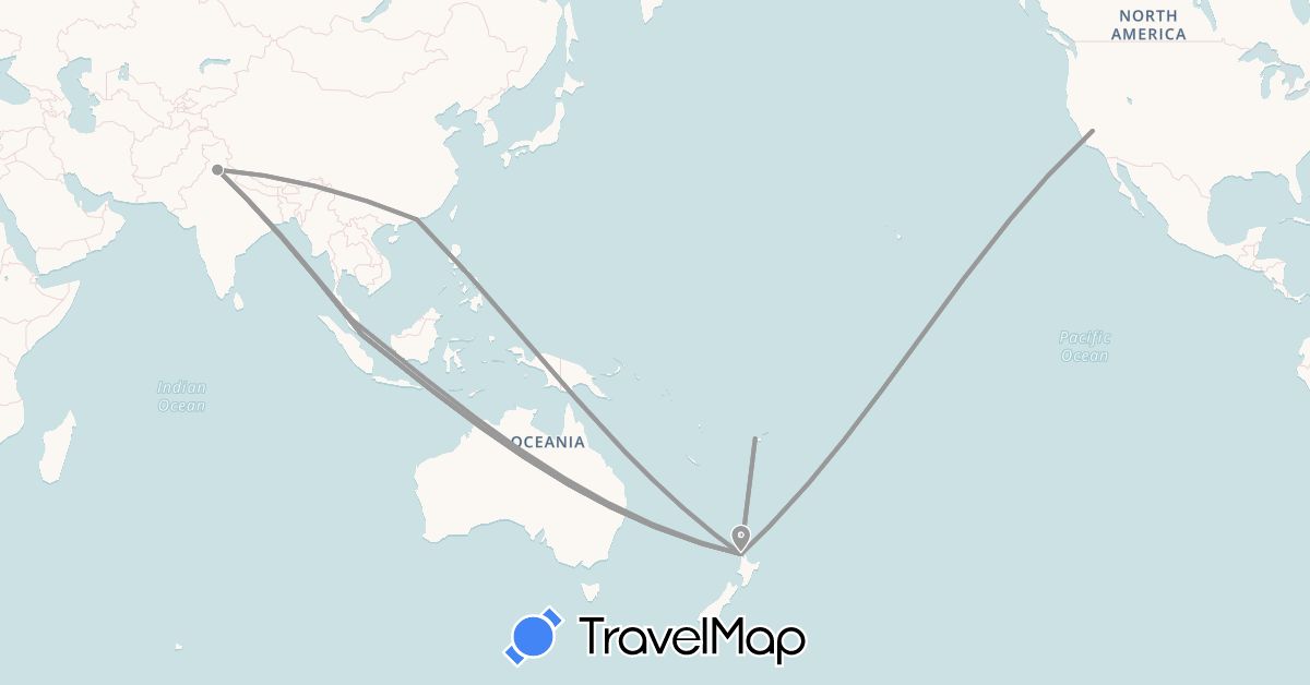 TravelMap itinerary: driving, plane in Fiji, Hong Kong, India, Malaysia, New Zealand, Singapore, United States (Asia, North America, Oceania)